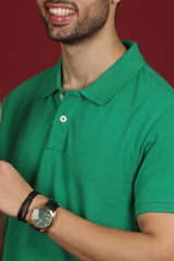 Men's Green Enzyme Wash Pique Polo T-shirt