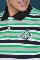 Men's Green/White/Black Striped Pique Polo T-shirt