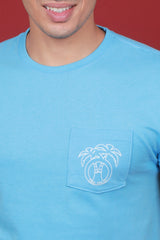 Men's Blue Single Jersey Printed Round Neck T-shirt With Pocket