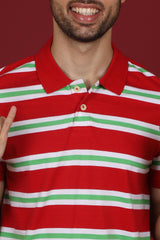 Men's Red/White/Green Striped Single Jersey Polo T-shirt