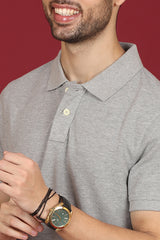 Men's Grey Melange Enzyme Wash Pique Polo T-shirt