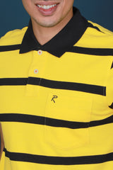 Men's Cyber Yellow/Black Striped Pique Polo T-shirt