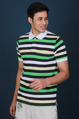 Men's Pastel Yellow/Green/White/Black Striped Pique Polo T-shirt