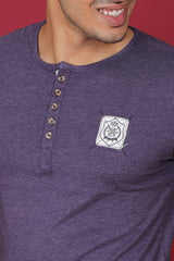Men's Purple Melange Single Jersey Henley Neck T-shirt